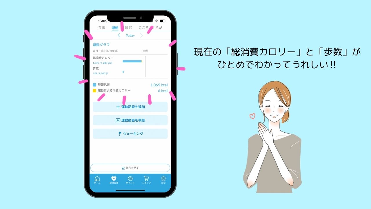 『現在の「総消費カロリー」と「歩数」がひとめでわかってうれしい!!』